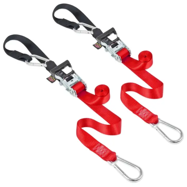 POWERTYE-RED1.5"x6.5'Silver Ratchet w/soft-tye& carabiners1-pair
